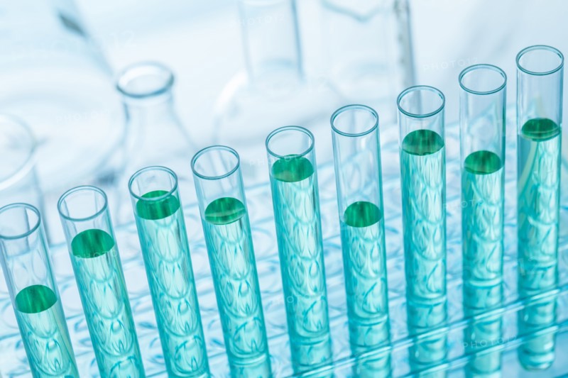 Close-up of test tubes with blue liquid