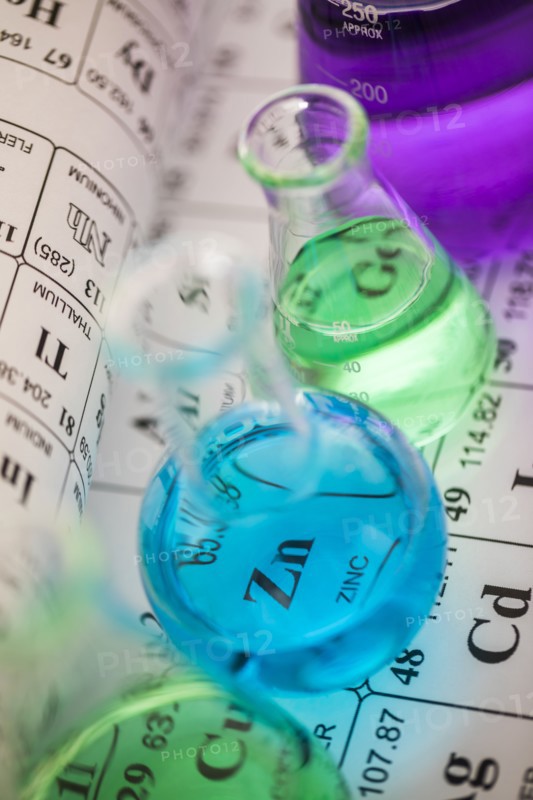 Laboratory glassware with liquids on periodic table