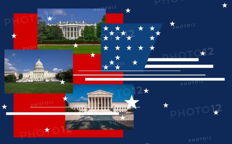 White House, Capitol Building, and Supreme Court against American flag pattern