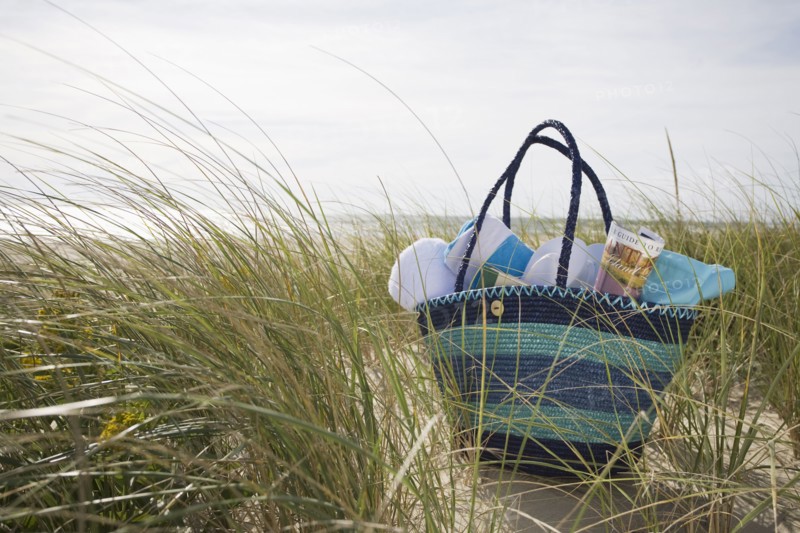 Beach bag packed for day at beach
