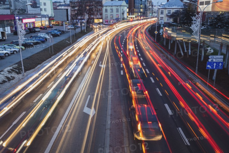 Poland, Subcarpathia, Rzeszow, Evening traffic in city