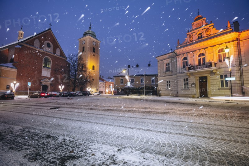 Poland, Subcarpathia, Rzeszow, Old town at dusk in winter