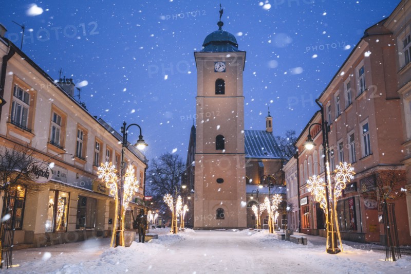 Poland, Subcarpathia, Rzeszow, Old town at dusk in winter