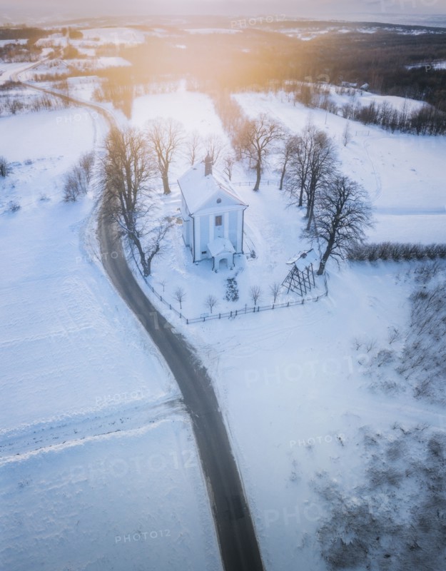Poland, Subcarpathia, Malawa, Aerial view of village in winter