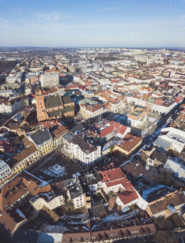 Poland, Lesser Poland, Tarnow, High angle view of city old town in winter