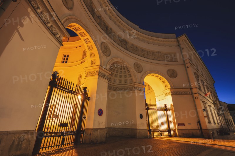 Poland, Masovia, Warsaw, Illuminated historical buildings at night