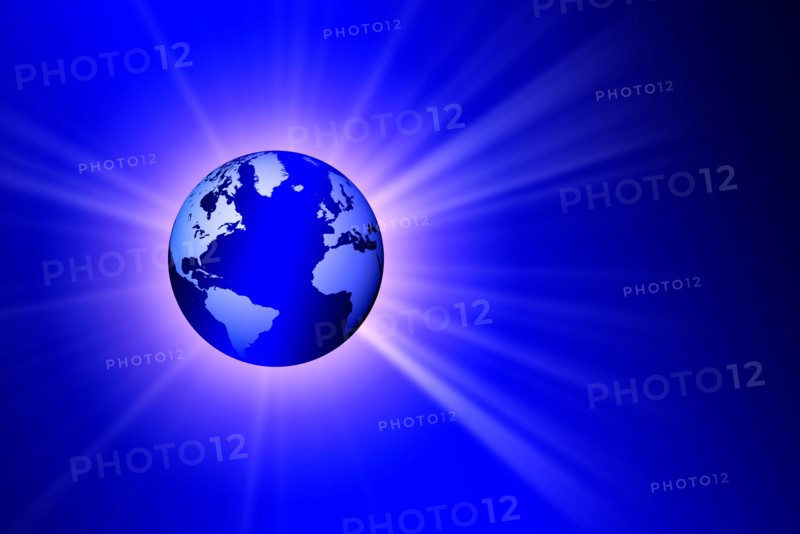 Globe on blue background with burst of light
