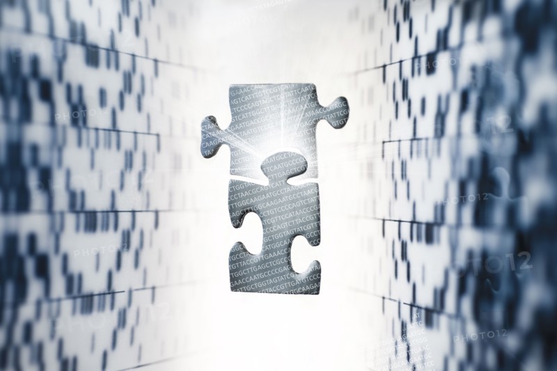 Two puzzle pieces with DNA sequence in background