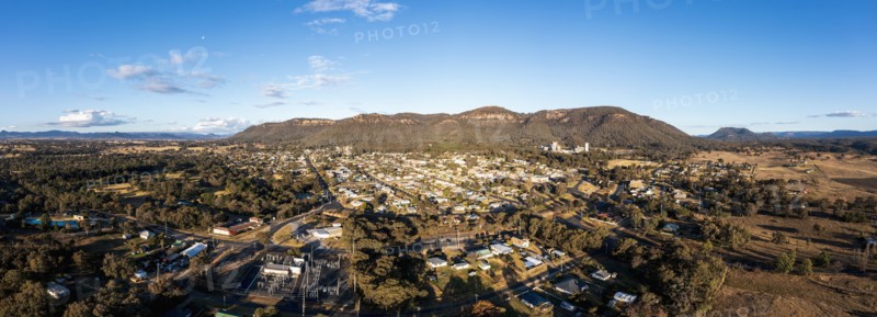 Aerial view of town and mountains