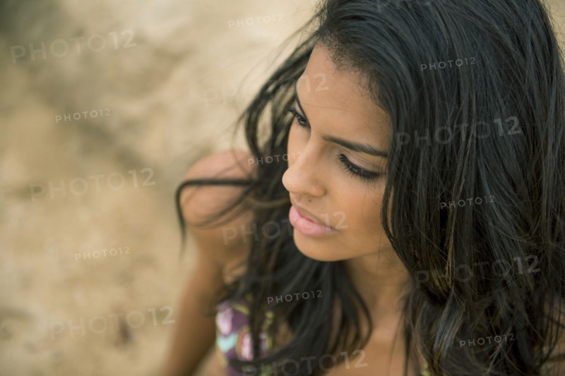 Close up of woman on beach