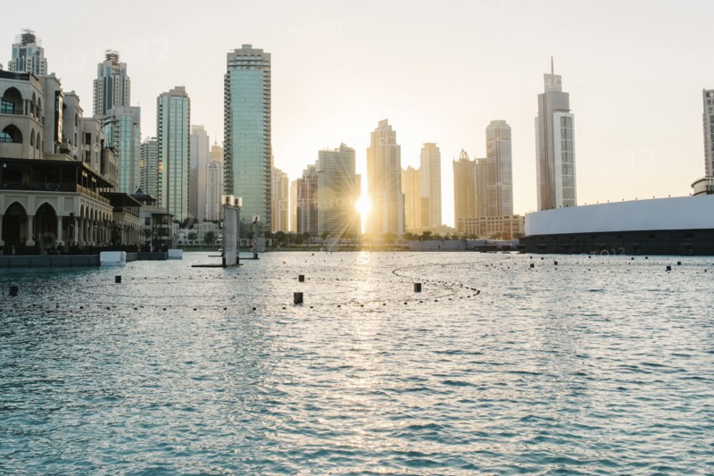 Sunset over city skyline