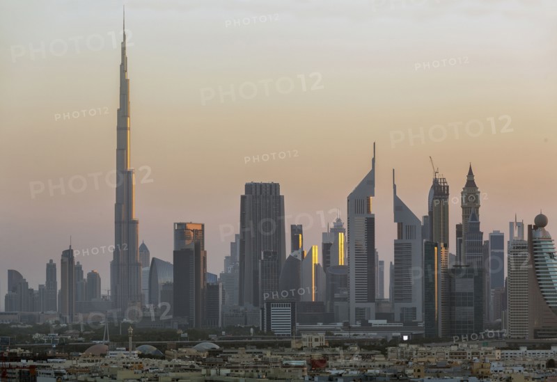 City skyline at sunset