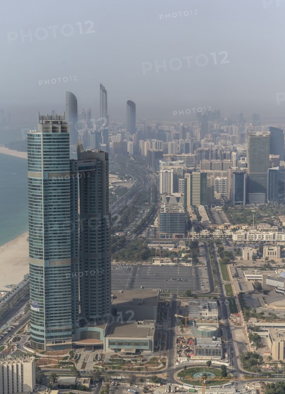 Aerial view of high rise buildings in Abu Dhabi cityscape