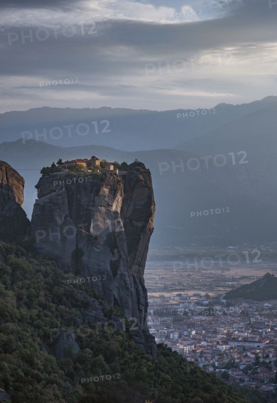 Aerial view of mountain over Meteora cityscape