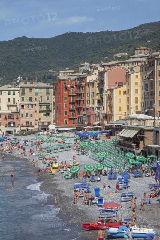 Aerial view of tourists on Camogli beach