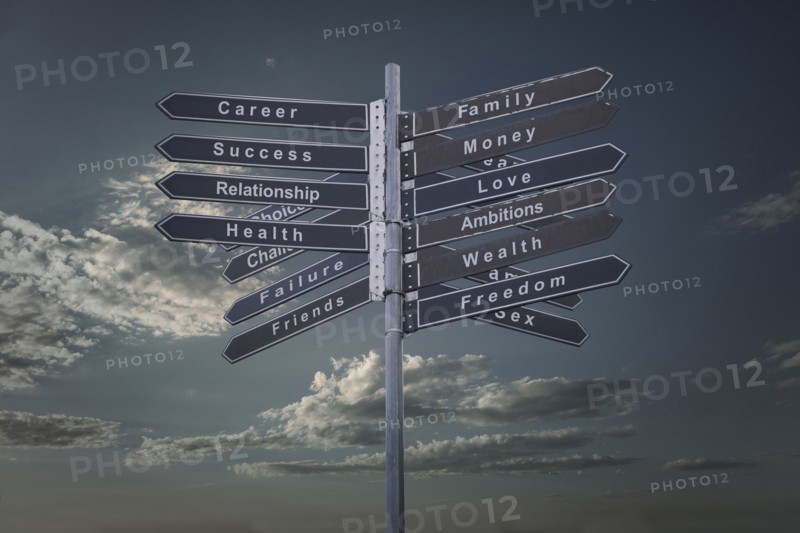 Signpost under cloudy blue sky