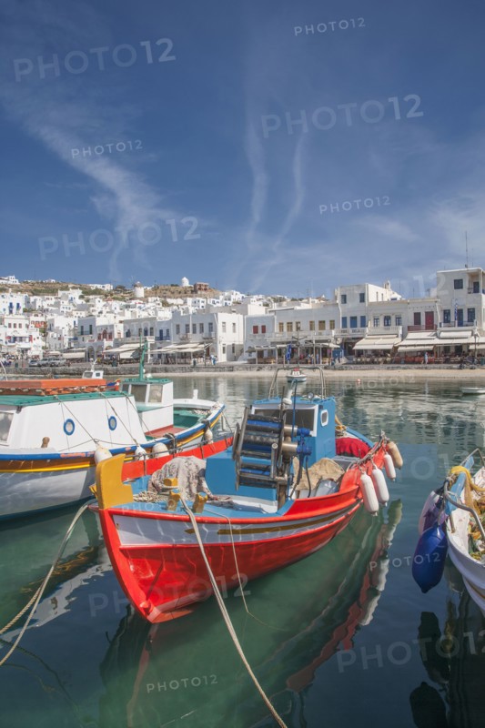 Boats anchored in Mykonos harbor