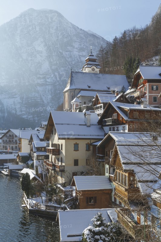 Scenic view of houses on lake shore