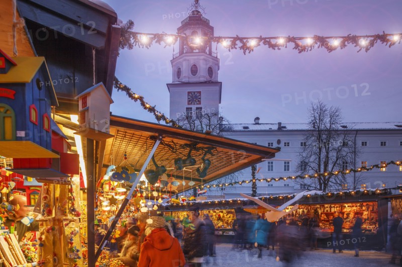 Outdoor Christmas market illuminated at night