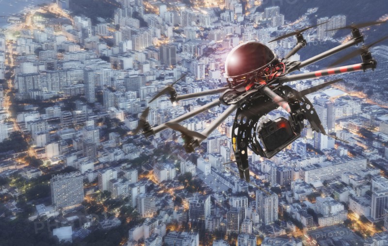 Drone hovering over city
