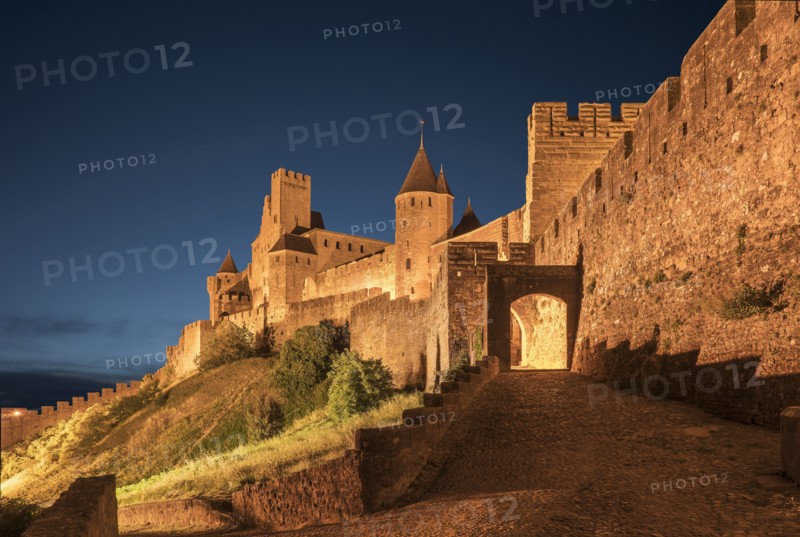Road to castle at night in Carcassonne