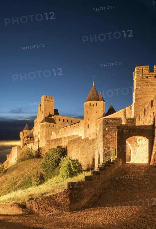Road to castle at night in Carcassonne