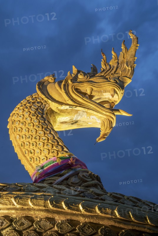 Ornate golden snake statue under cloudy sky