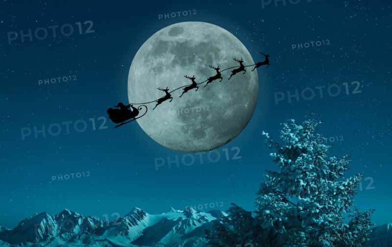 Silhouette of Santa and reindeer flying sleigh near full moon