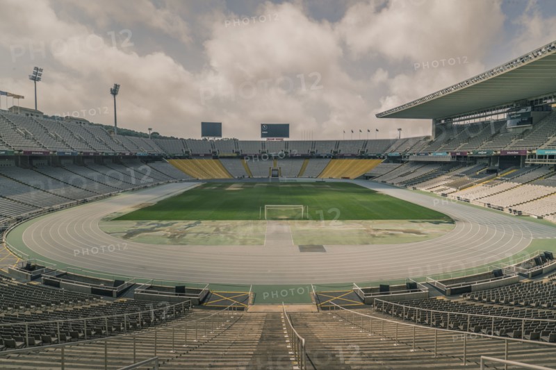 Soccer field in empty stadium