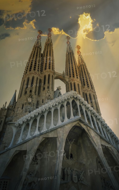 Sunbeams shining on towers of church