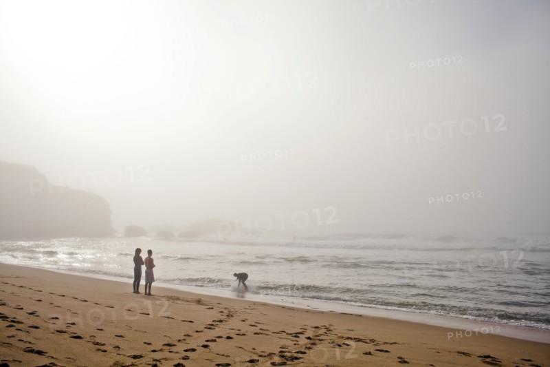 Couple playing with dog on beach