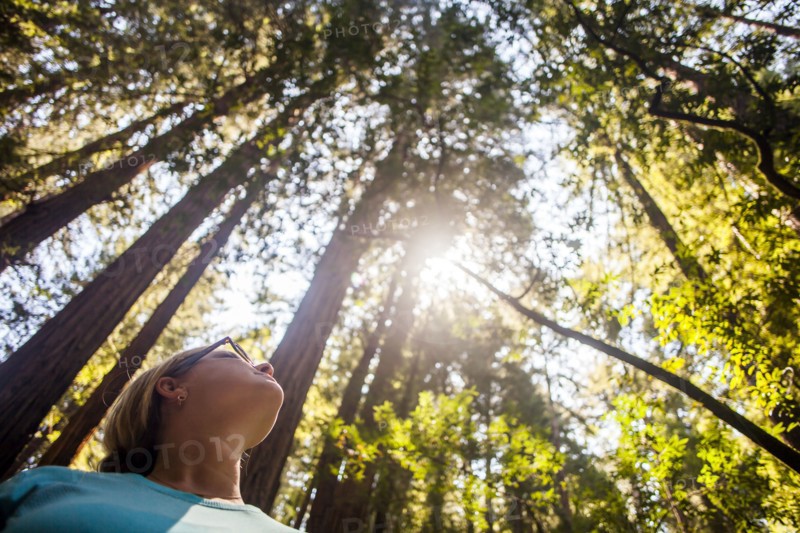 Caucasian woman standing in sunny forest