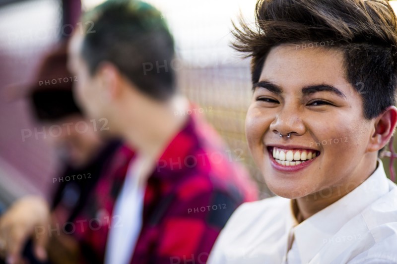 Close up of woman laughing outdoors