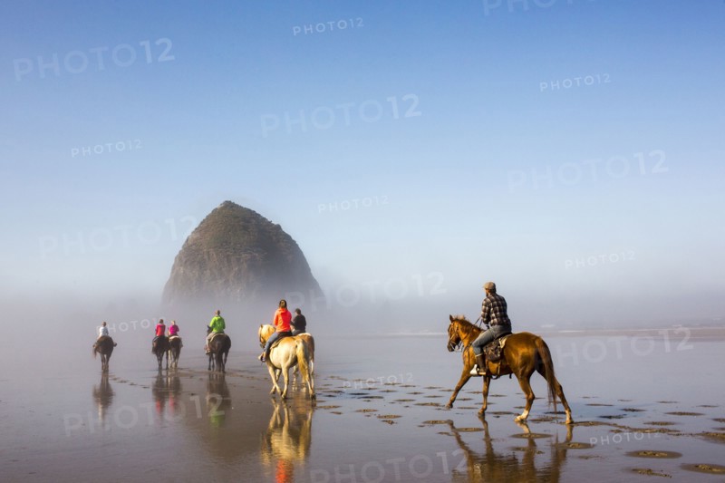 People horseback riding on beach