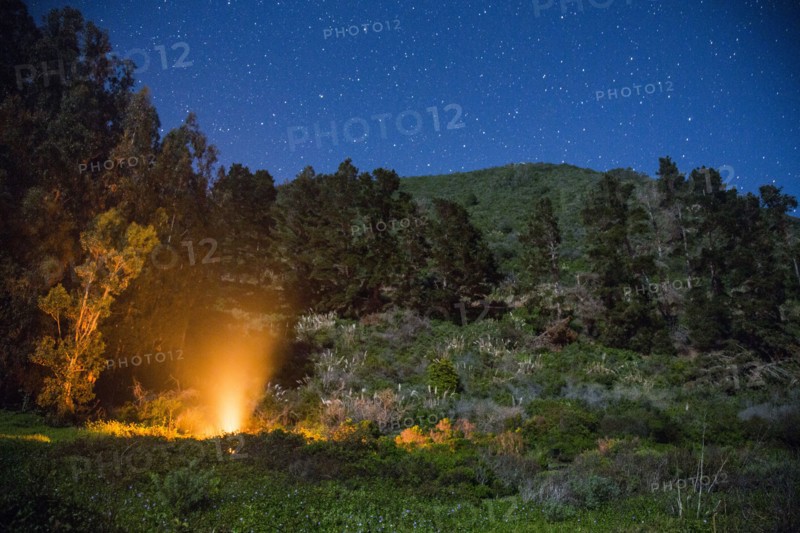 Campfire at night under starry sky