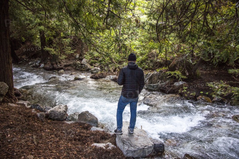 Caucasian man standing on rock near stream in woods