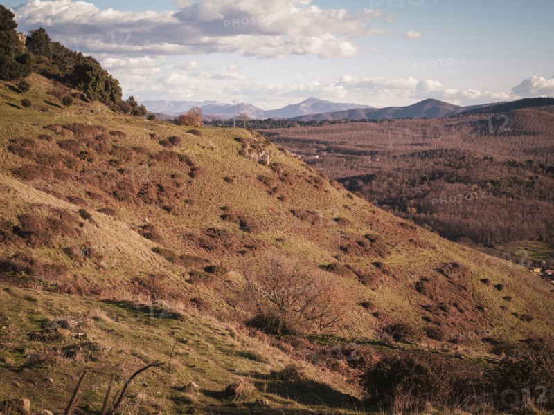 Fields and mountains in rural landscape