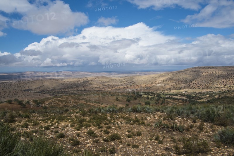 Mountains and scrubland fields in remote landscape