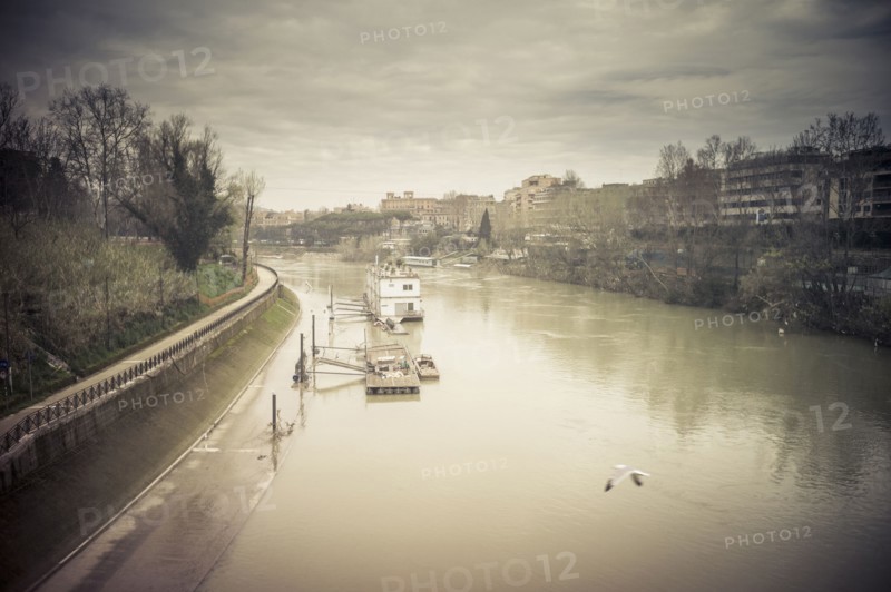 High angle view of still urban canal in city