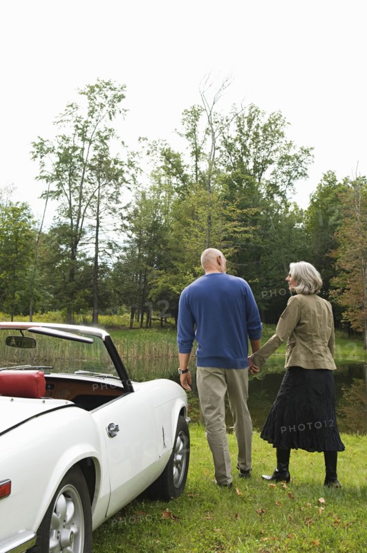 Rear view of couple holding hands by convertible in park