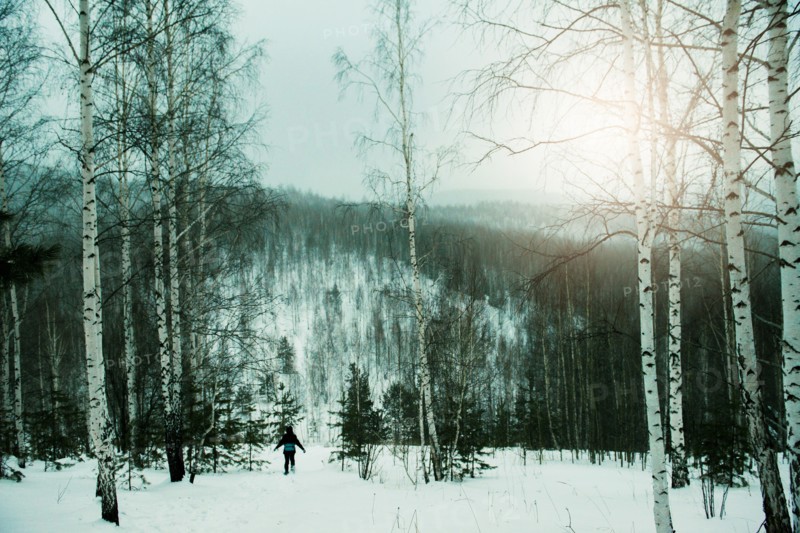 Hiker walking in snowy forest