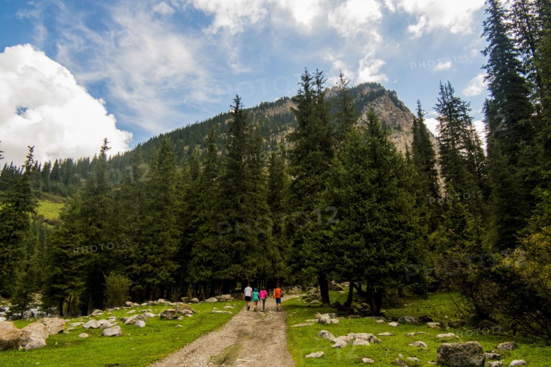 People hiking on path near mountain
