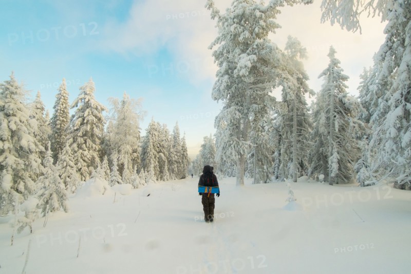 Caucasian man standing in snowy forest