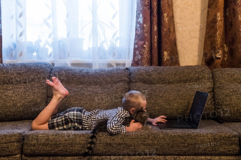 Caucasian boy laying on sofa with cat using laptop