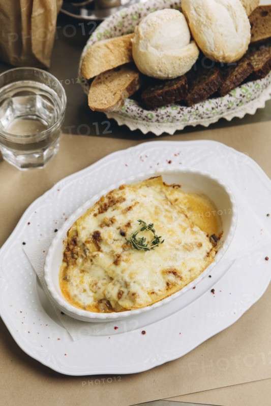 Baked lasagna and bread