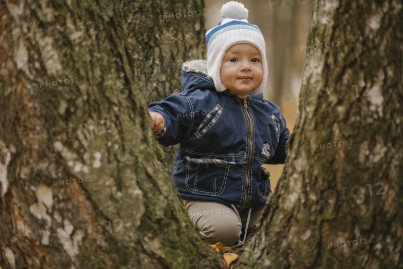Middle Eastern baby boy climbing tree