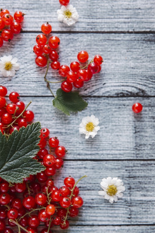 Red berries and leaves on table with flowers
