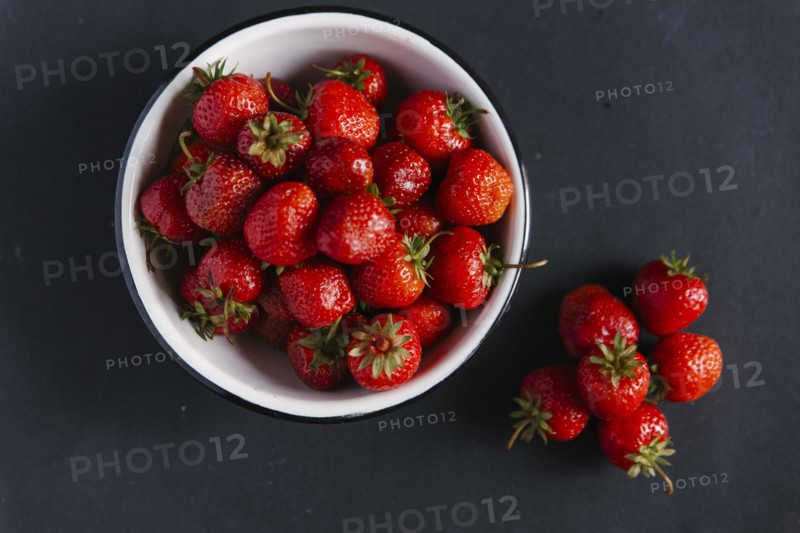 Close up of bowl of strawberries