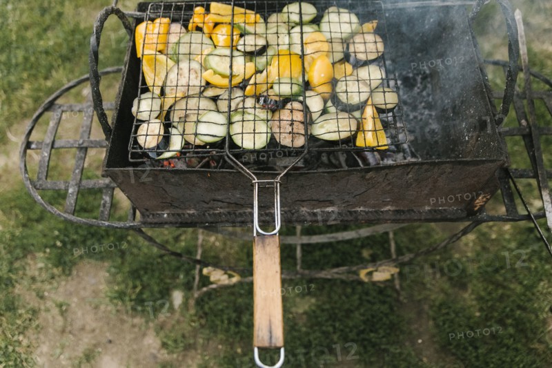 Vegetables cooking on grill