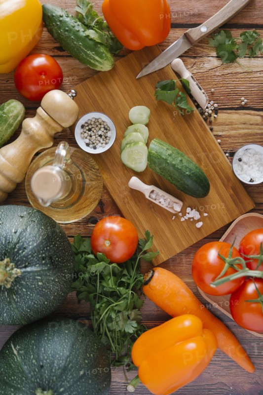 Ingredients for salad on cutting board